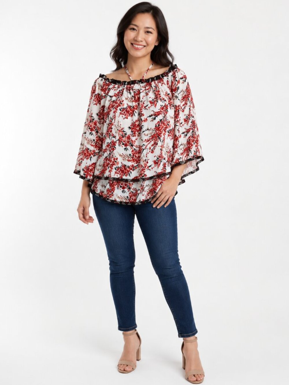 White House Black Market Blouse Off-the-Shoulder Floral Tiered Top Ladies XS